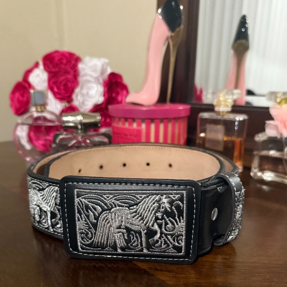 Elegant Black and Silver Embossed Belt